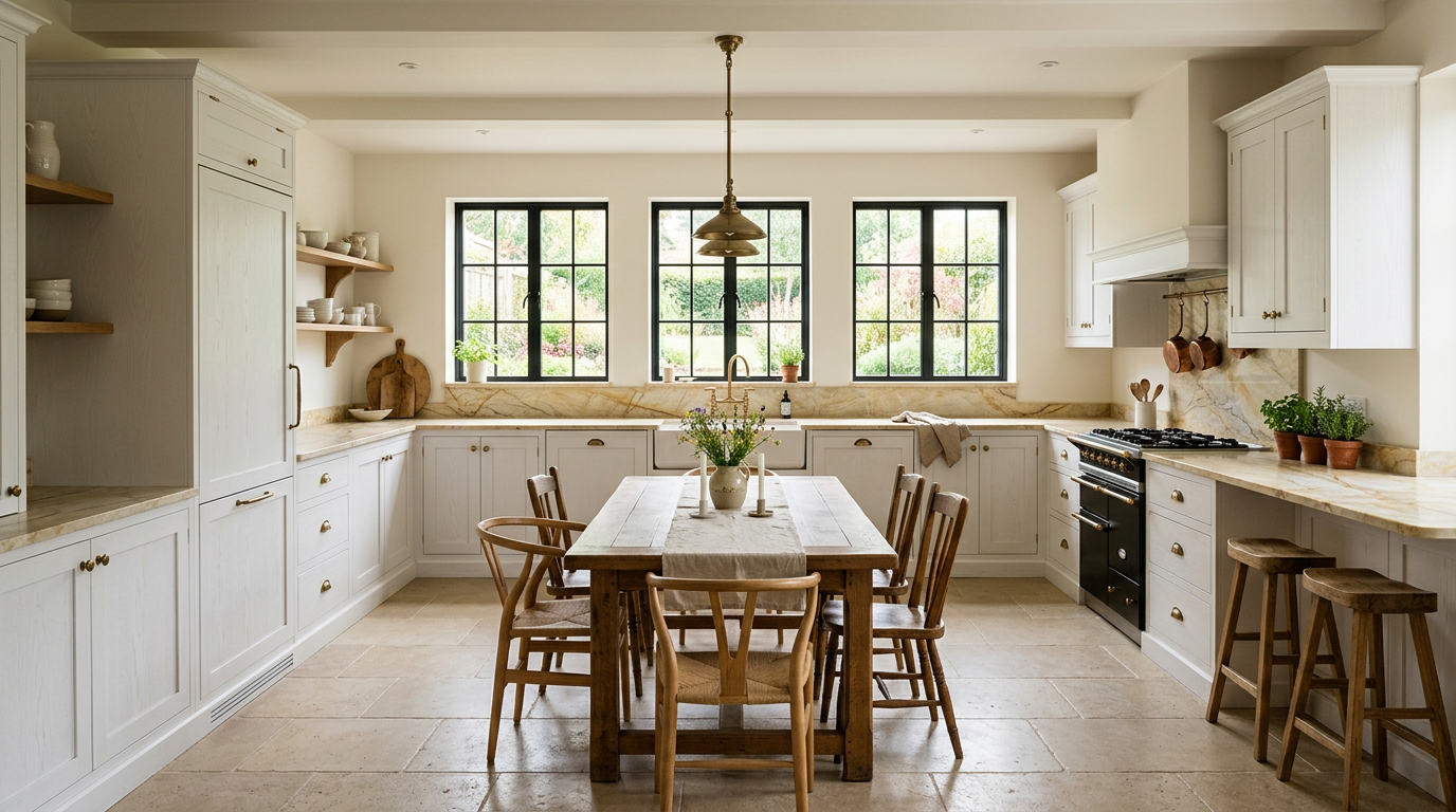 U-Küche Dahlem Gesamtansicht mit Kassettenfronten und Quarzit-Arbeitsplatte