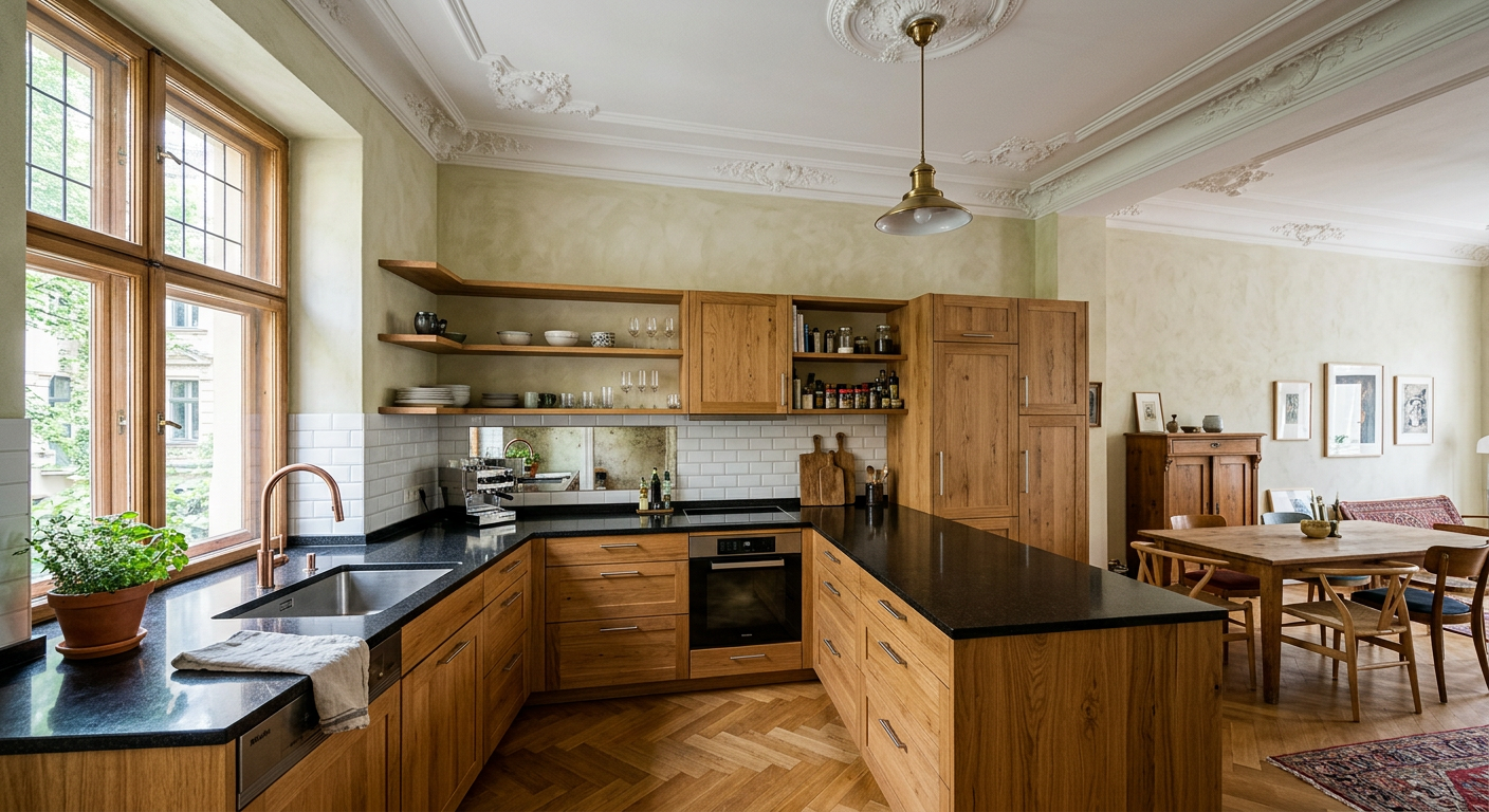 L-Küche Grunewald Gesamtansicht mit Eichenfronten und Naturstein-Arbeitsplatte